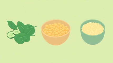 Healthy food ingredients chickpeas with spinach, cucumber, and quinoa.