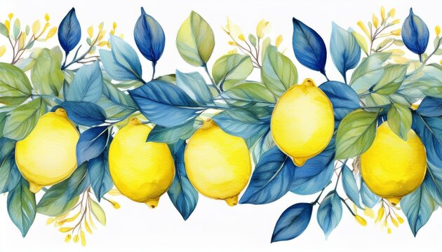 seamless watercolor border with yellow lemons and blue leaves