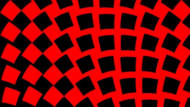 Looping animation of curved red and black checker design with dynamic perspective creating wave-like distortion across a geometric grid, evoking motion and illusion, Concept of visual distortion 