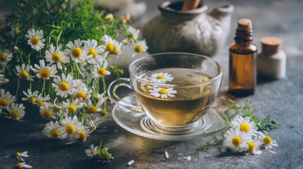 Herbal Tea and Chamomile Flowers with Essential Oils on Rustic Table for Relaxation and Wellness in Natural Setting