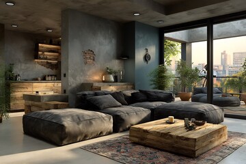 Elegant open plan living room interior muted decor organic layout soft shadows pure design