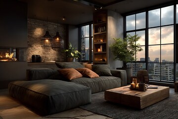 Elegant open plan living room interior muted decor organic layout soft shadows pure design