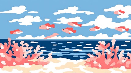 Pink fish swim above coral reef.