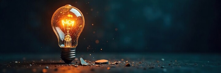A shattered lightbulb on a dark background, symbolizing the potential energy within even broken things, the power found in overcoming setbacks  ,  influence,  destruction,  transformation