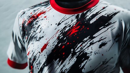 Close-up view of a white sports top with a bold abstract design.