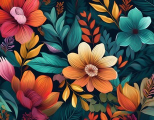 Fototapeta premium floral delight a seamless pattern of nature inspired flowers and leaves in a colorful and modern design