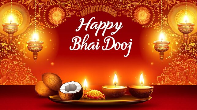 Happy bhai dooj celebration with diyas and coconuts.
