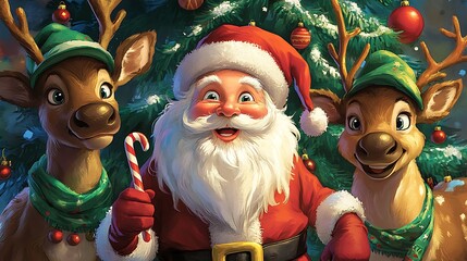 Cheerful santa claus and reindeer by a christmas tree.