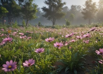 Obraz premium Dense cosmos plantation, morning dew glistening, plants, delicate, detail