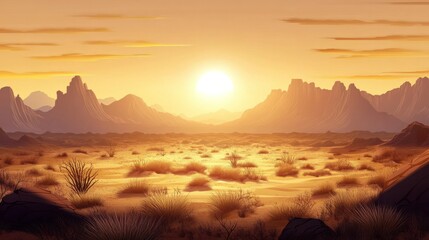 Obraz premium Breathtaking sunrise over vast desert landscape with distant mountain ranges and rugged terrain illuminated by warm golden light du early morning hours