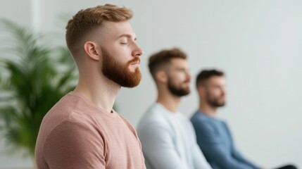 Bearded Man Engaged in Mindfulness Workshop for Personal Wellness and Self Improvement  The image depicts a thoughtful individual focused on meditation and mental well being in a modern