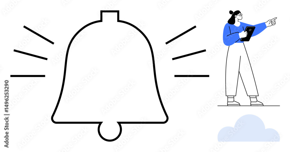 Poster large ringing bell icon symbolizing notification next to person analyzing tablet while pointing. ide