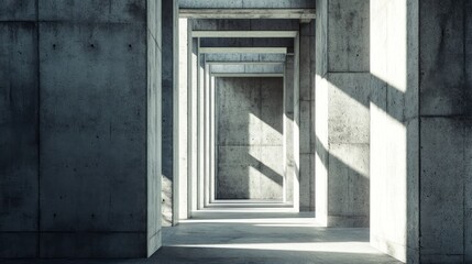 Concrete corridor with repetitive structural elements and subtle light play
