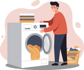 Man doing laundry with washing machine and laundry basket in home environment daily chore scene 