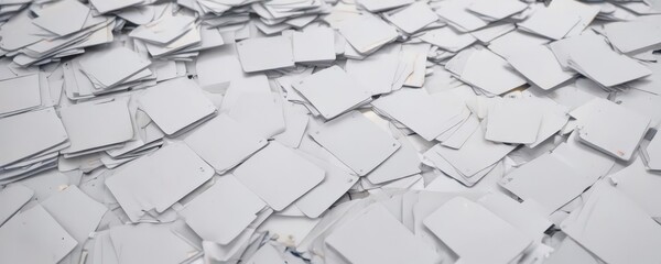Close-up view of numerous blank card blanks artfully strewn across a pure white background; a study in organized disorder ,  office,  top view, card