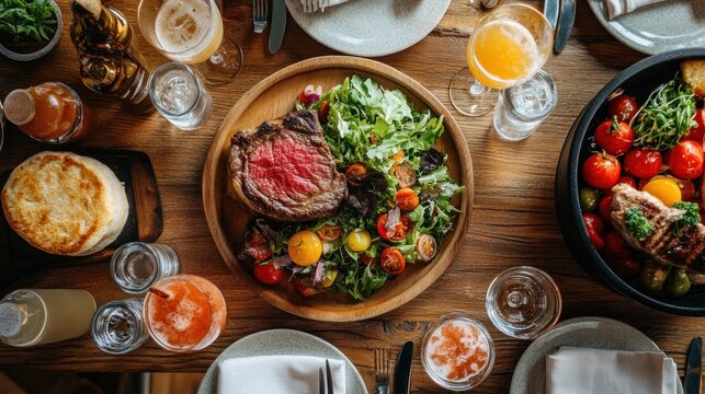 Overhead view of a sumptuous ribeye steak dinner setting, vibrant and inviting