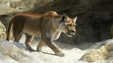 Majestic mountain lion cougar walking through rocky terrain in natural wilderness habitat du daytime with detailed fur and alert expression