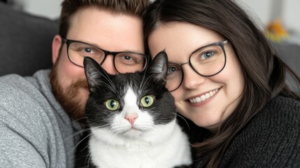 Loving couple sharing a tender affectionate moment with their cherished feline companion on a cozy comfortable couch representing the joy and loyalty of a family like bond in a warm domestic setting
