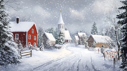 A charming winter village scene with snow-covered homes.