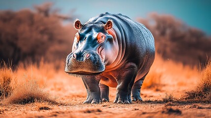 Hippopotamus in African Savanna.