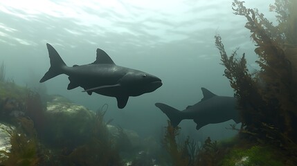 Sharks swimming kelp forest ocean.