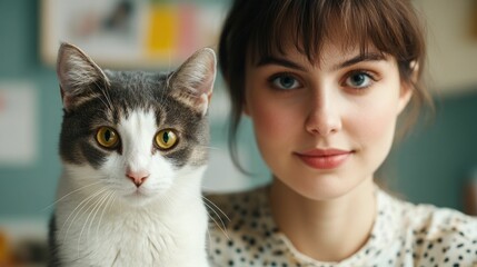 A young woman is shown sketching her pet cat in an home studio environment showcasing their companionship and the woman s creative passion and talent