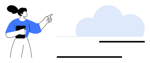 Woman holding a tablet, gesturing toward a cloud graphic. Ideal for technology, cloud computing, communication, collaboration, innovation, data storage, teamwork in flat simple metaphor
