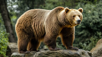 Obraz premium Large powerful brown bear walking on rocky terrain in dense green forest with trees and foliage du daytime in a natural wilderness setting