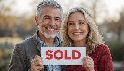 Happy mature couple holding sold sign