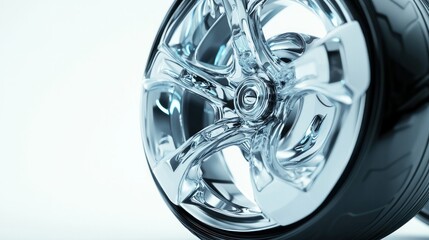Close-up of a shiny modern electric vehicle wheel with a sleek alloy rim and tire, showcasing detailed reflections and smooth metallic finish, on a white background