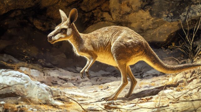 Detailed illustration of a unique prehistoric dryopithecus orangutan primate walking on rocky terrain in natural forest setting with detailed fur and expressive posture