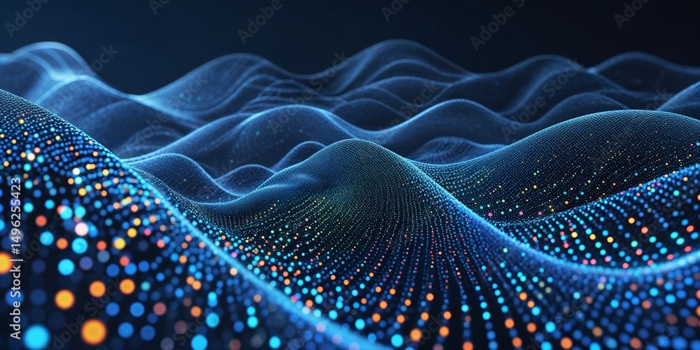 Poster modern digital landscape with waves of shimmering light in various colors created by particles of en