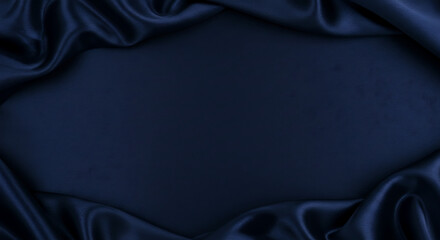 Luxurious draped navy blue silk or satin fabric with soft folds framing a central space, perfect for elegant backgrounds, sophisticated product displays, or formal designs.