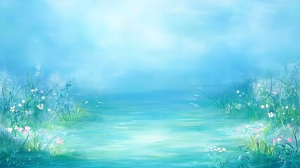 Serene Floral Lakeside Scene.