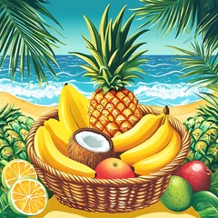 Colorful tropical fruit basket on a sandy beach.