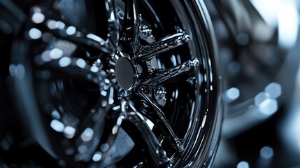 Luminous chrome car wheel with intricate spoke design in elegant dark scene