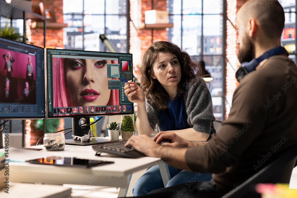 Poster professional photo editor interacts with ai chatbot and retouching software on dual monitors, using 