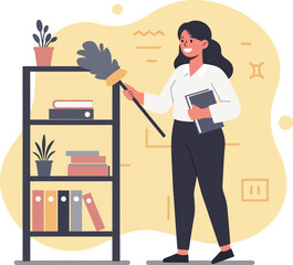 Woman Cleaning Bookshelf with Duster Holding Book in Modern Interior Illustration
