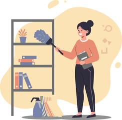 Woman cleaning bookshelf with duster and holding book in casual outfit indoor scene vector illustration 