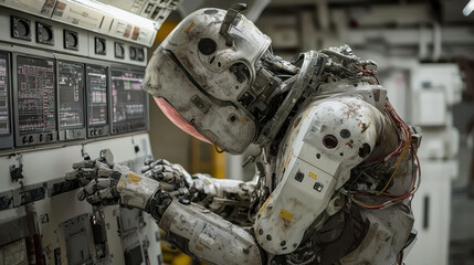 Futuristic humanoid robot in space command center operating control panels with advanced technology and ai integration