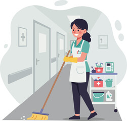 Female janitor cleaning hospital corridor with mop and cleaning cart vector illustration in medical environment 