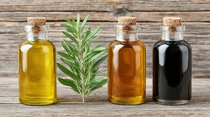 Three bottles of different cooking liquids on a wooden surface.