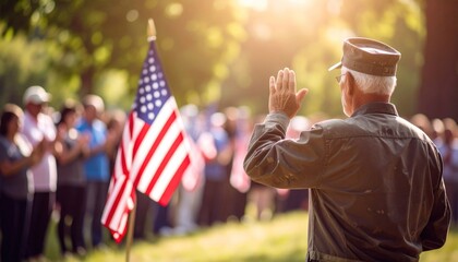 Veteran saluting the flag, surrounded by community.  A moving tribute