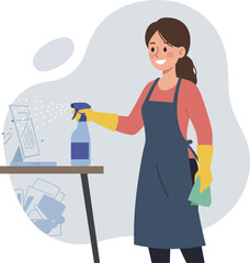 Woman wearing apron and yellow gloves cleaning glass surface with spray bottle and cloth smiling cheerful expression 