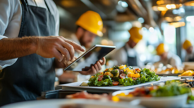 Chef Using Tablet in Busy Kitchen