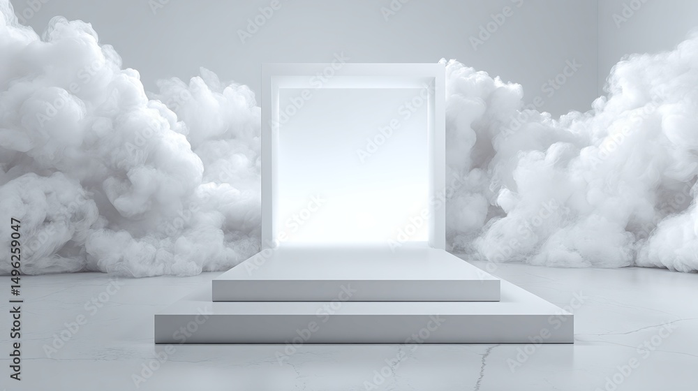 Aufkleber two-tiered white platform with square frame and simulated clouds