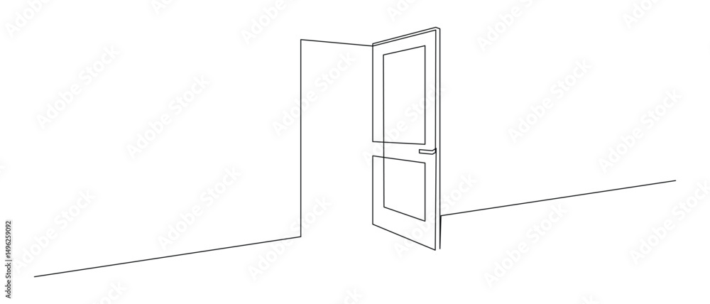 Leinwandbilder Opened door in one continuous line drawing. Front enter and exit to house in simple linear style. Future opportunity concept in editable stroke. Doodle vector illustration