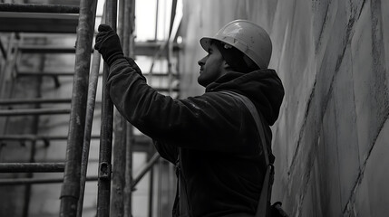 Construction Worker Ascending Scaffolding
