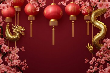Festive Chinese New Year wishcard red lanterns cherry blossoms gold dragons cultural design no wording