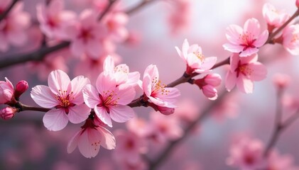 Obraz premium Delicate pink sakura blossoms, intricate branch pattern, intricate, botanical